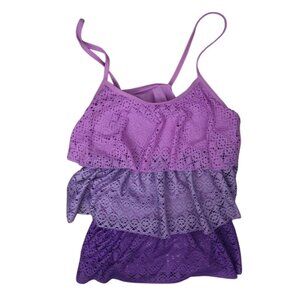 Breaking Waves Girls 16 Purple Multi 2-Piece Tankini Crochet Overlay UPF 50+ Rec